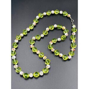 Czech Glass Uranium Pillow Bead Necklace Opera Length 30" Millefiori Accent Bead